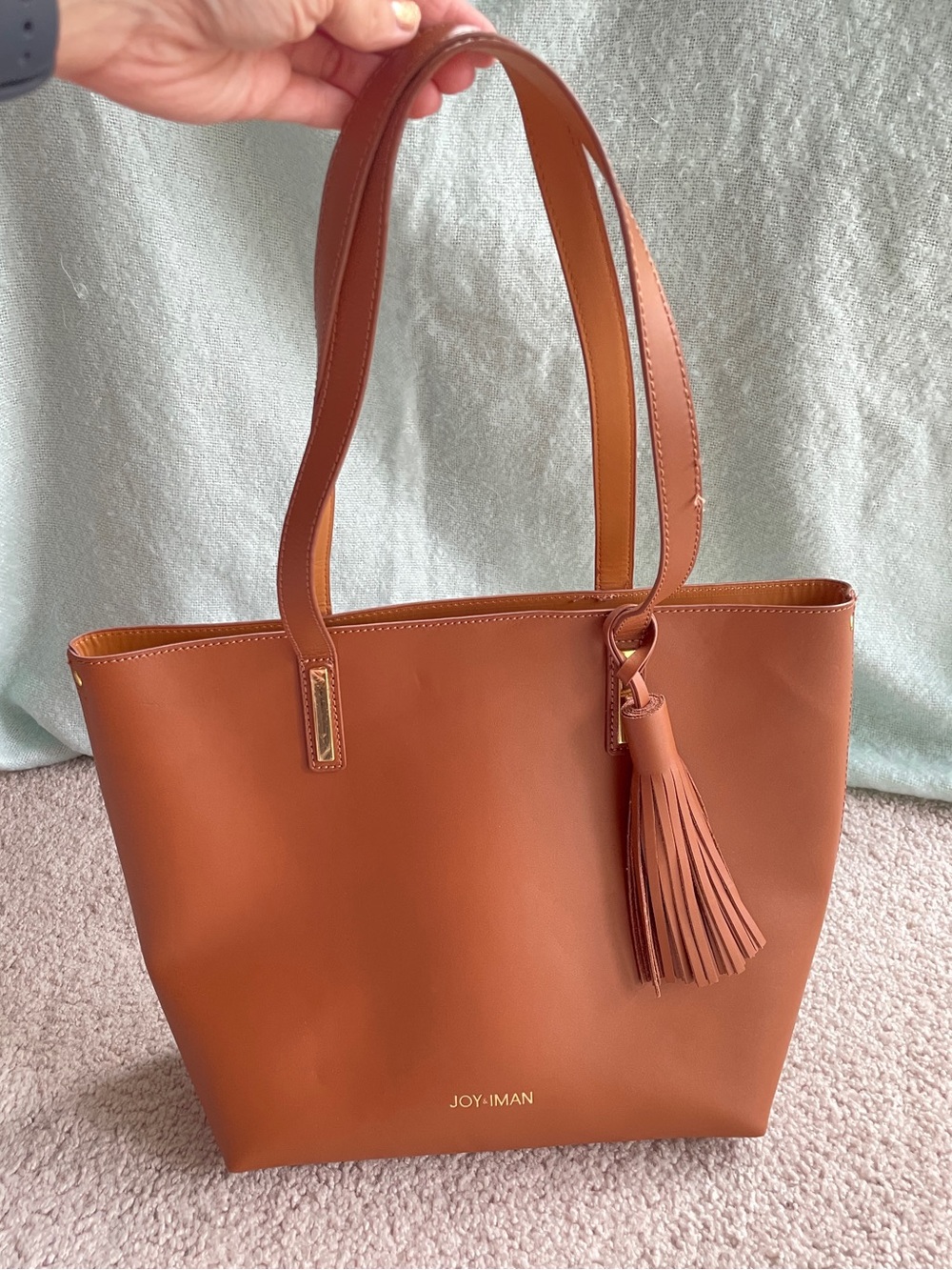 Joy & Iman Tan Brown Smooth Leather or Faux Leather Modern Tassel Bag Purse Tote